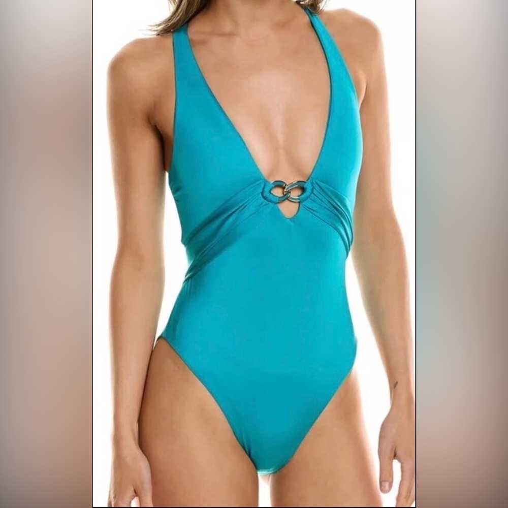 NWT Trina Turk Monaco High Leg One Piece Swimsuit Turquoise Size 8 - Picture 2 of 6